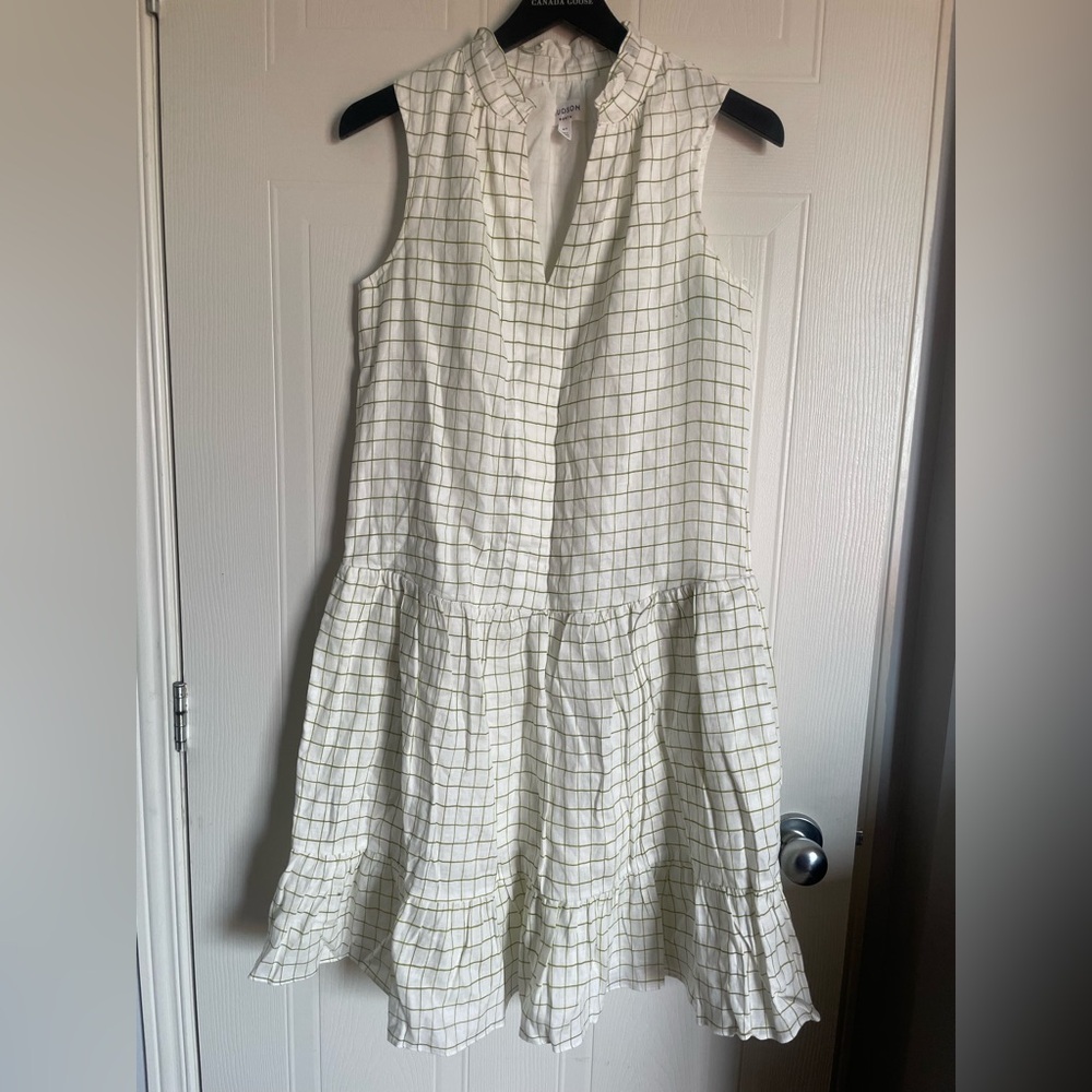 Cottagecore Picnic Linen Tiered Dress Hudson North Small White Plaid - Picture 2 of 13